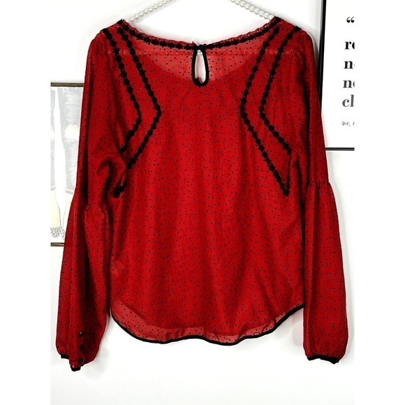 Free People Red Sheer Blouse with Black Polka Dots SZ M - Picture 11 of 11